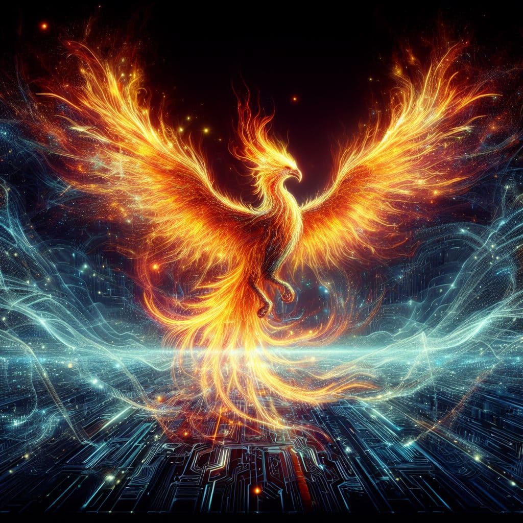 AI generated: A majestic phoenix reborn from digital ashes in a blaze of holographic flames