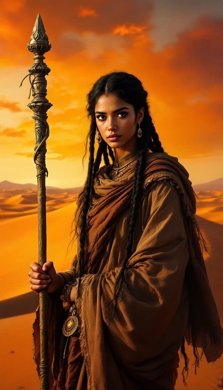AI generated: A masterpiece oil painting. Against a fiery, desert landscape at dawn, a striking young Bedouin woma...