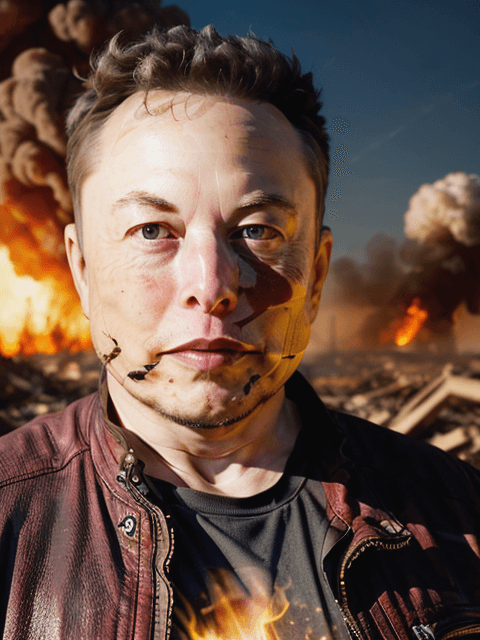 AI generated: RAW photo, photo portait (elon musk:1.3), (with a half android face:1.2), emerging from a (burning a...