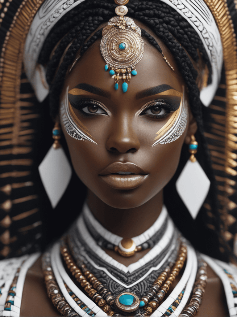 AI generated: intricate closeup shot, masterpiece artwork, black skin-tight body, tribal, suit, white accent, deta...