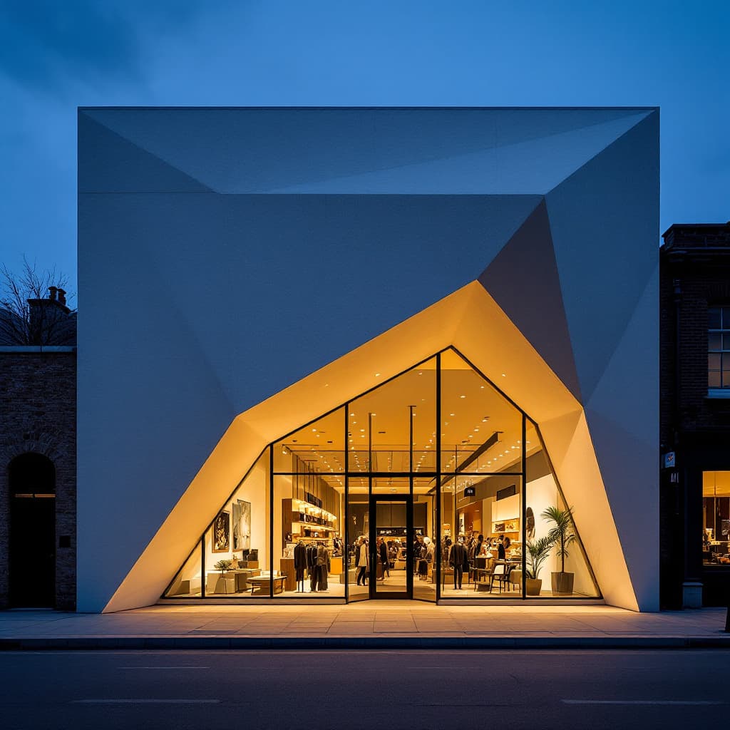 AI generated: Modern retail facade, geometric design, Leica SL2, 16-35mm wide-angle lens capturing the contrast of...