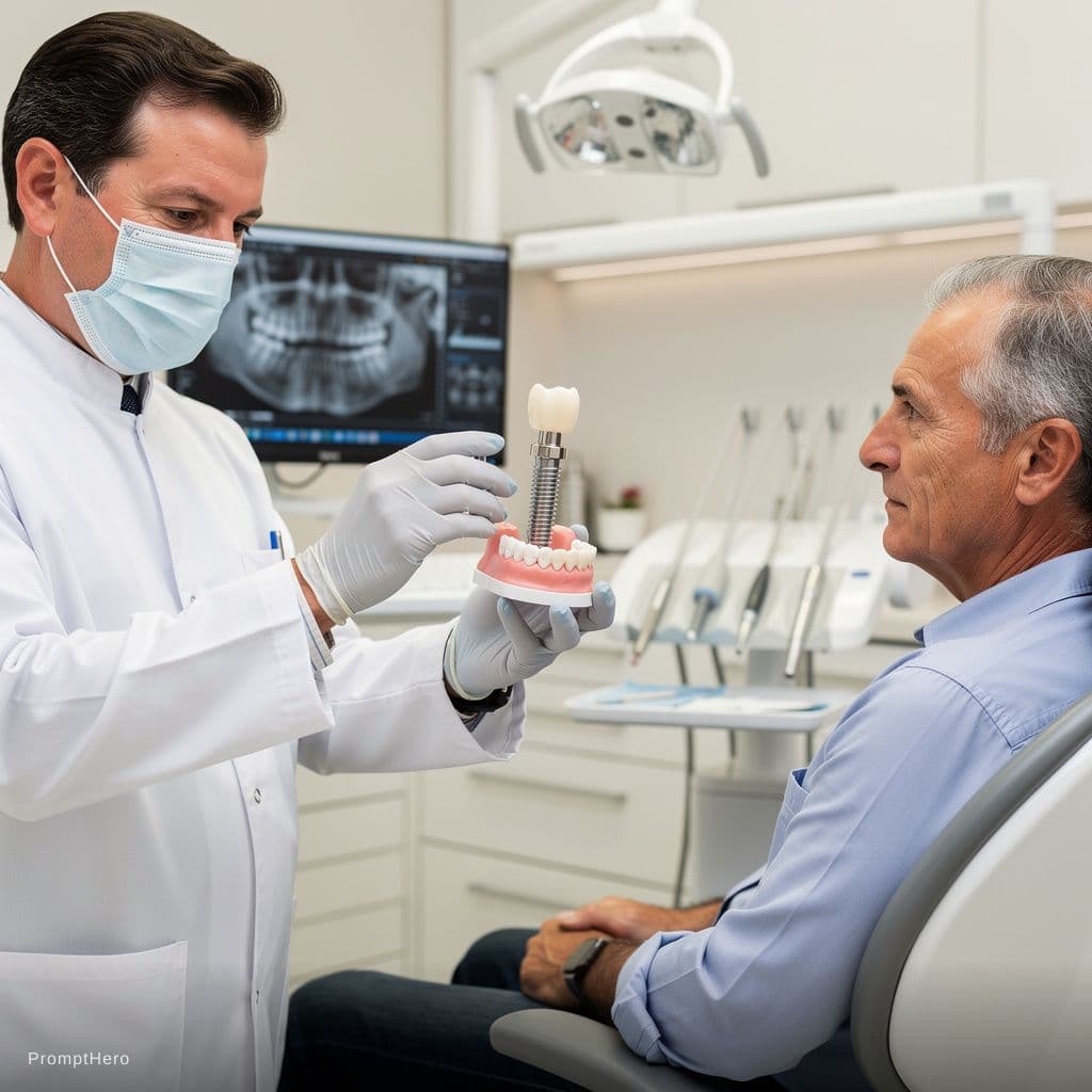 AI generated: Close-up professional dental implant model demonstration, dentist explaining dental implant procedur...