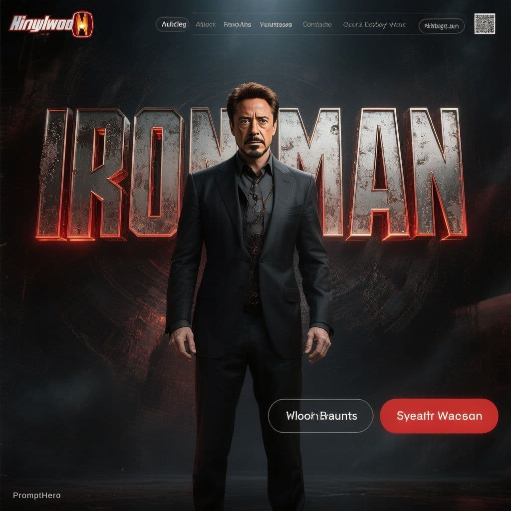 AI generated: Ultra-wide website hero banner, 1920x1080, centered billionaire tech genius in black suit, dark cine...