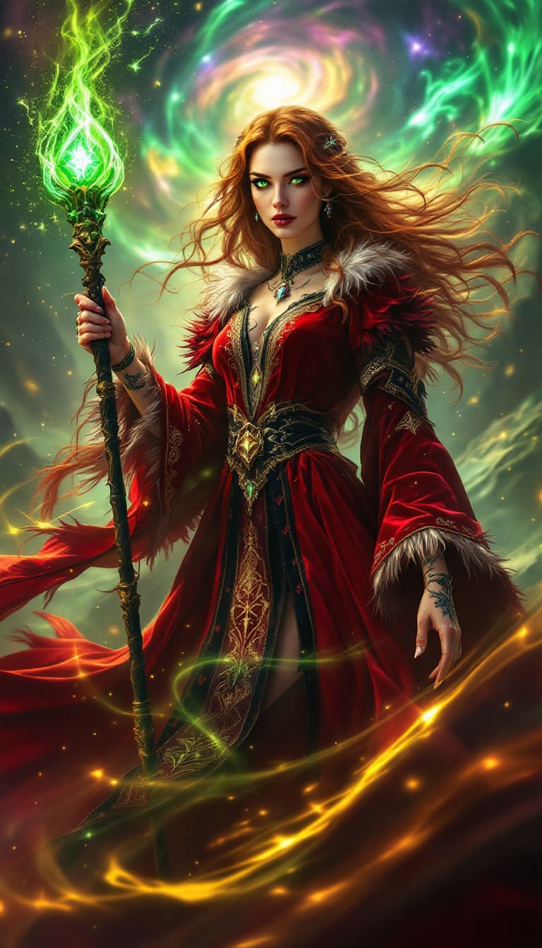 AI generated: An ultra-realistic, full-body action shot of a captivating crimson sorceress, emanating power and my...