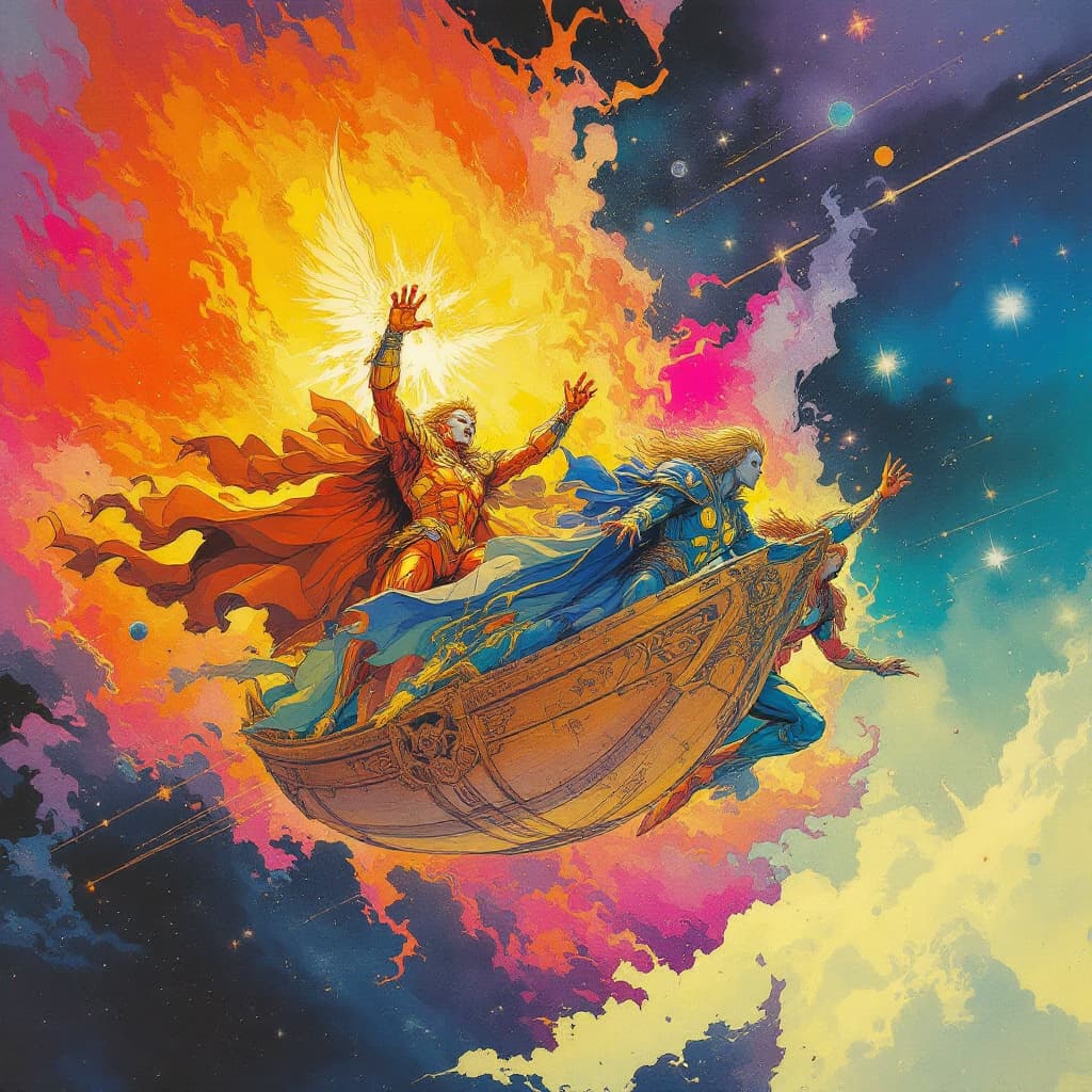 AI generated: Celestial demigods sail in flying gondolas through the cosmos. The wear superhero-style colorful arm...