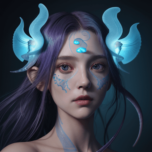 AI generated: Goddess close-up portrait ribcagel. jellyfish phoenix head, nautilus, orchid, skull, betta fish, bio...