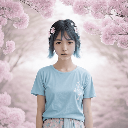 AI generated: A Japanese girl wearing a pastel blue t-shirt, in the style of dreamy and romantic compositions, sur...