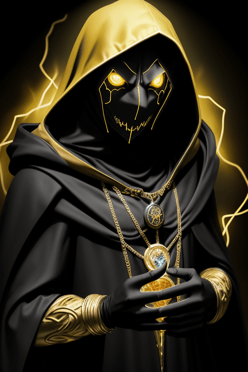 AI generated: Shadow wizard, in yellow cloak hood, pitch black face, glowing eyes, gold chains and jewellery
