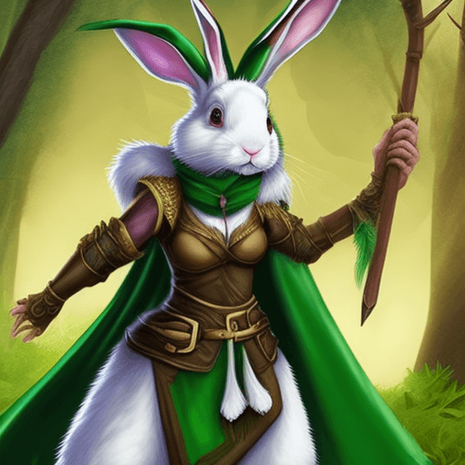 AI generated: A female rabbit-folk with white fur, long ears, light brown eyes, wearing a green gypsy shirt, leath...