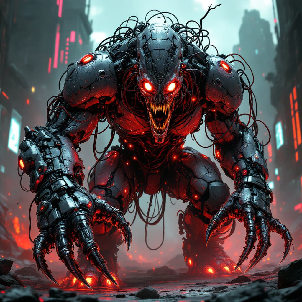 AI generated: Create a cybernetic monster with a fusion of organic horror and advanced technology. Its body is a t...