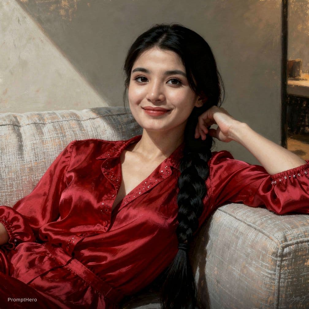AI generated: A raw documentary photograph captures a curvy young female with a long, sleek black braid cascading ...