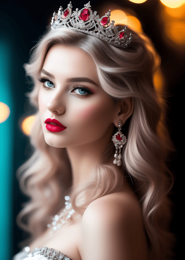 AI generated: mj, a surreal art of a beautiful lady, long curly hair, a tiara on her head, pale skin, blue eyes, w...