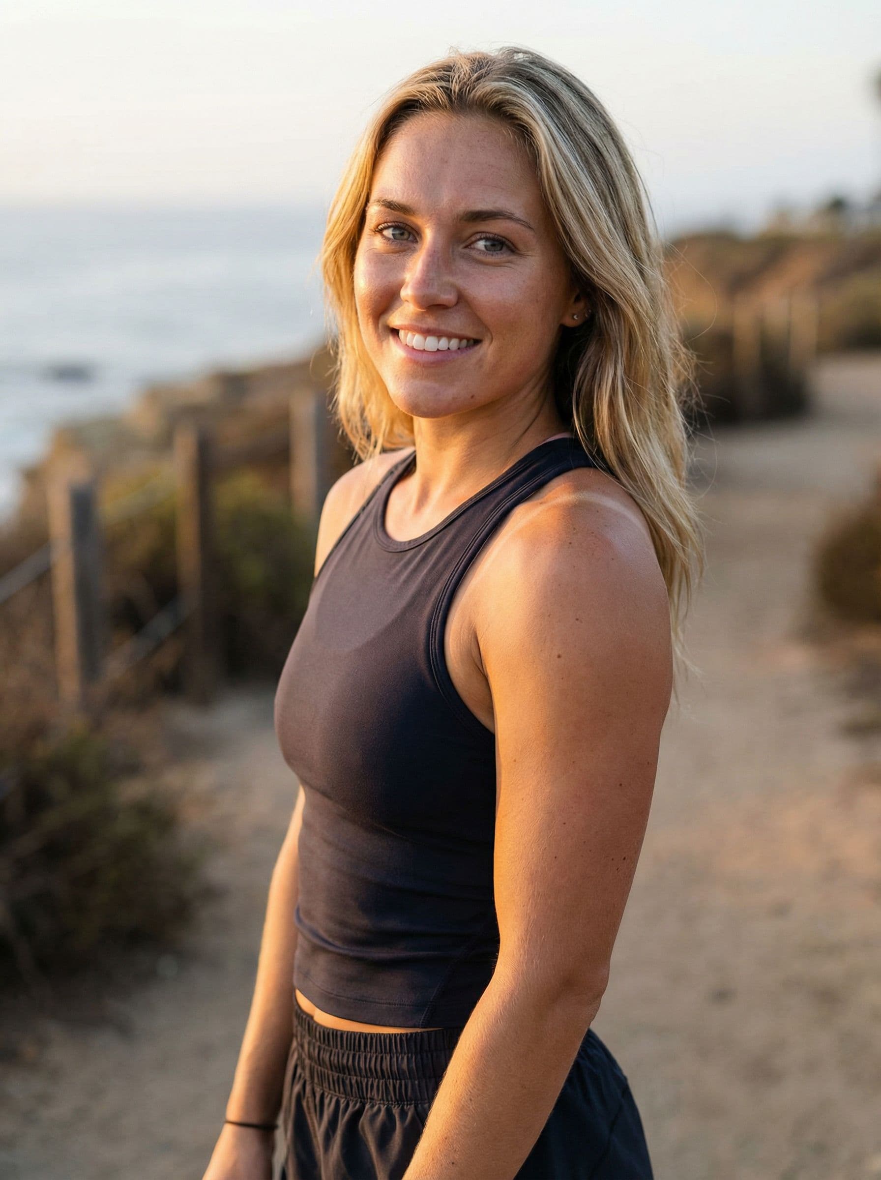 AI generated: A mid-20s Caucasian woman with long blonde hair and grey eyes. She has a fit, athletic body type wit...