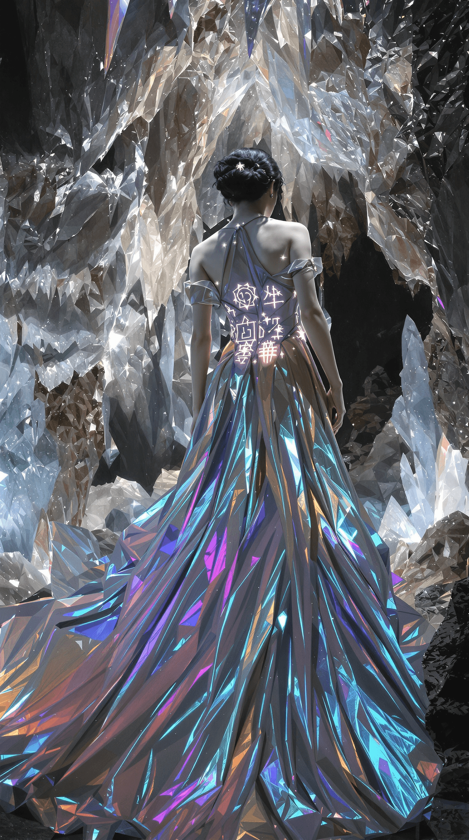 AI generated: A pretty woman, defined by flowing silhouettes and layered textures, wears a gown of shifting, iride...