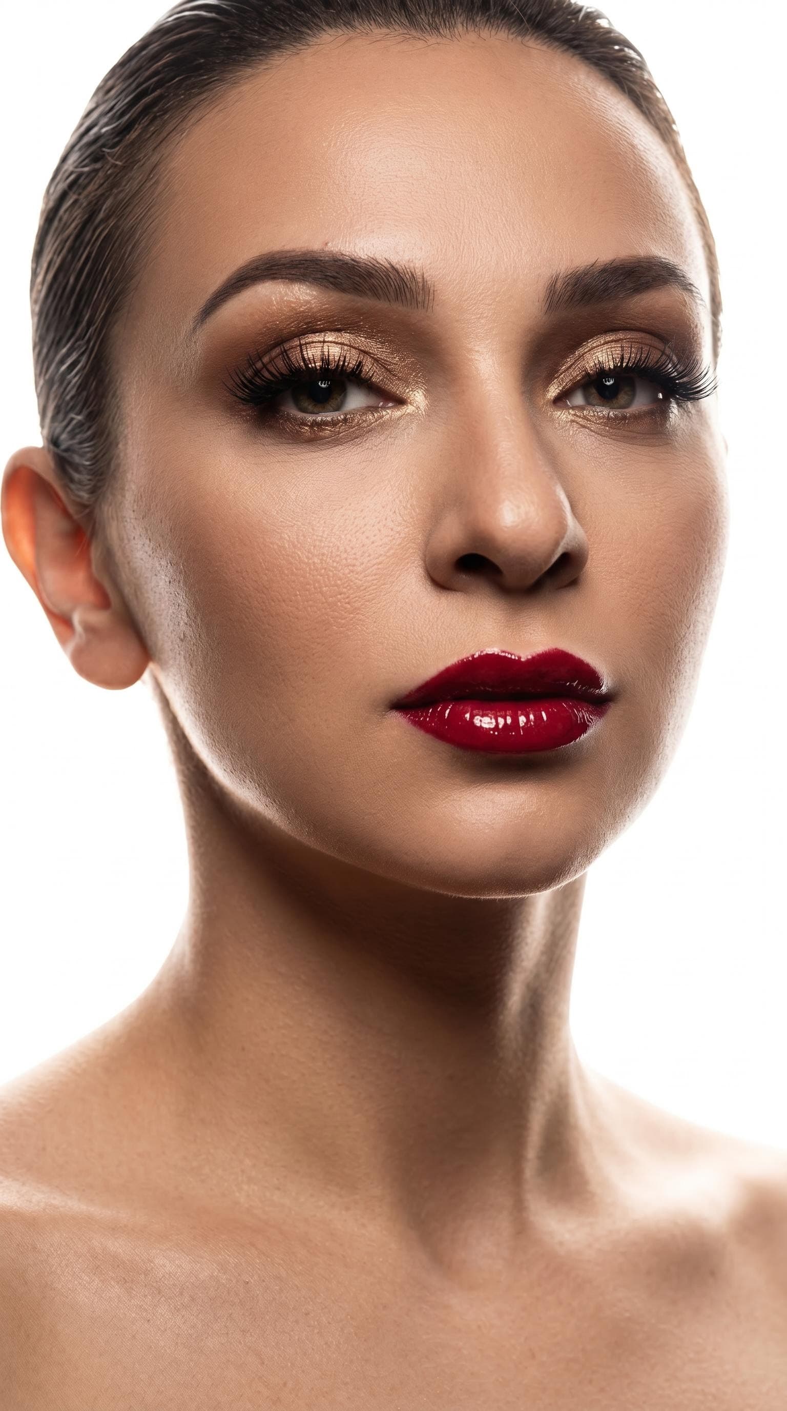 AI generated: 
  "prompt": "High-fashion beauty editorial portrait of a woman, color photograph. Sharp close-up cr...