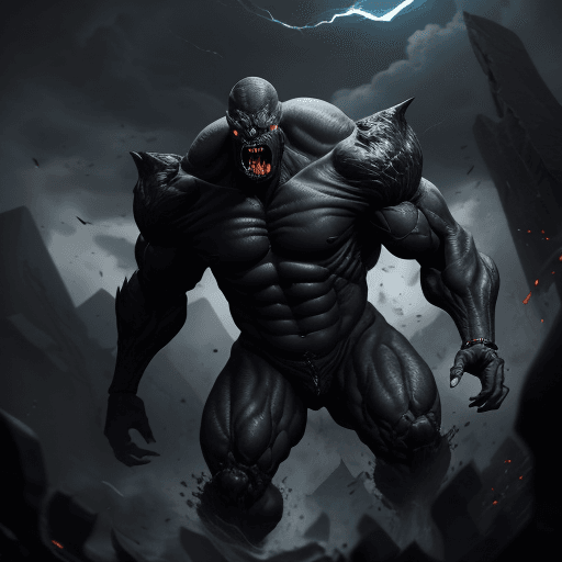 AI generated:  high quality foto of a black dangerous enormous without eyes, long fingers and broken bones, 8k