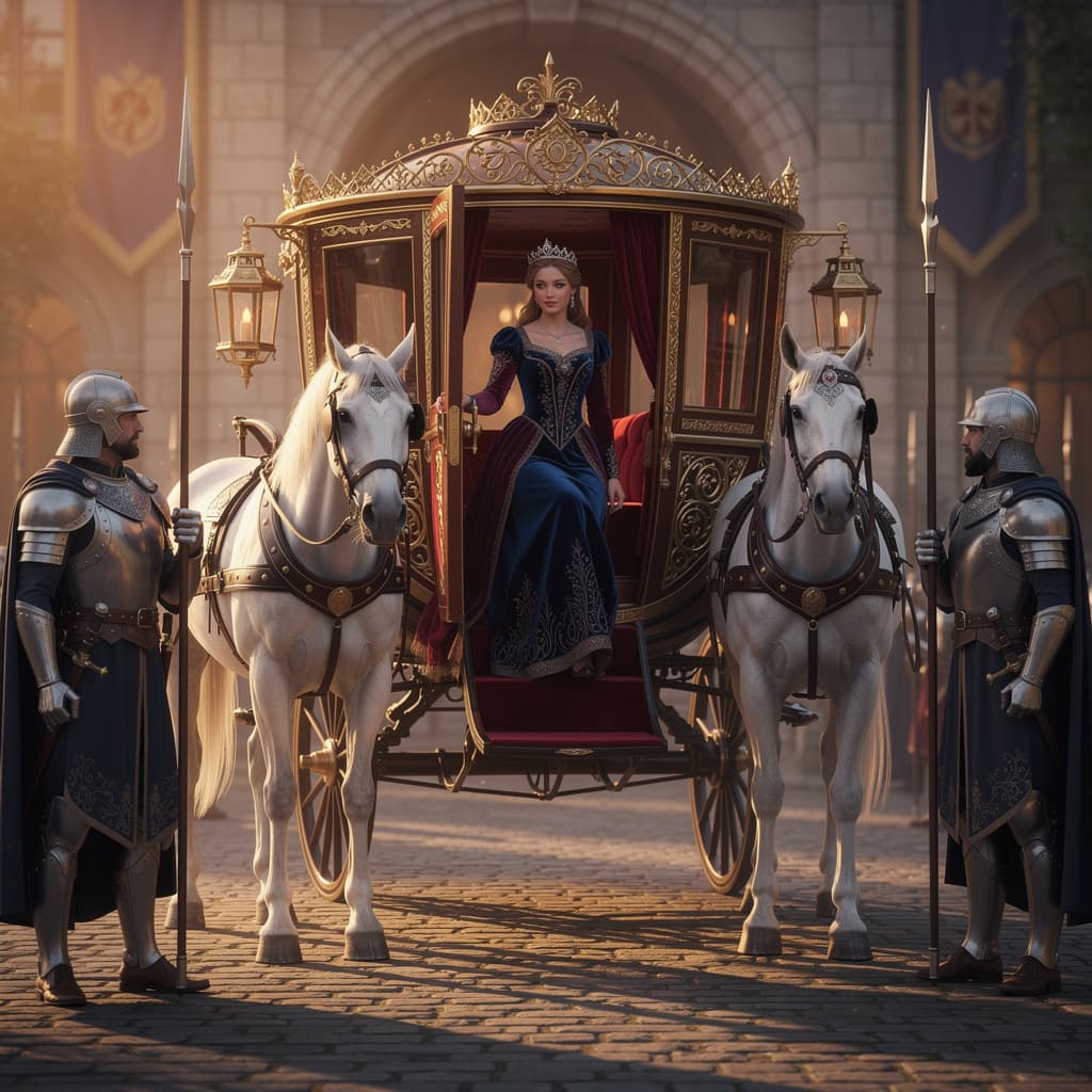 AI generated: Cena de fantasia/épica: uma princesa elegante entrando numa carroça majestosa, protegida por dois gu...