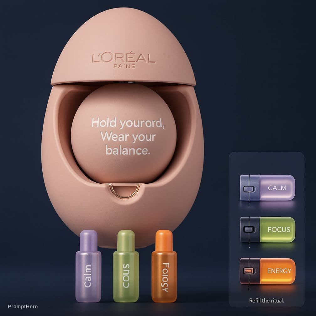 AI generated: Image of L'Oréal stress ball-shaped perfume. The color is Blush Nude.

- Top center: The orb body fi...