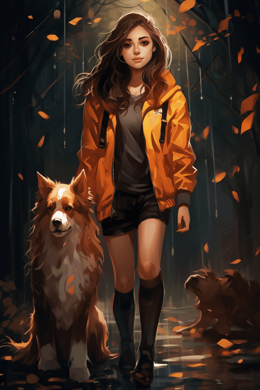 AI generated: Girl walking her dog full screen wallpaper, in the style of cartoon realism, dark orange and light g...