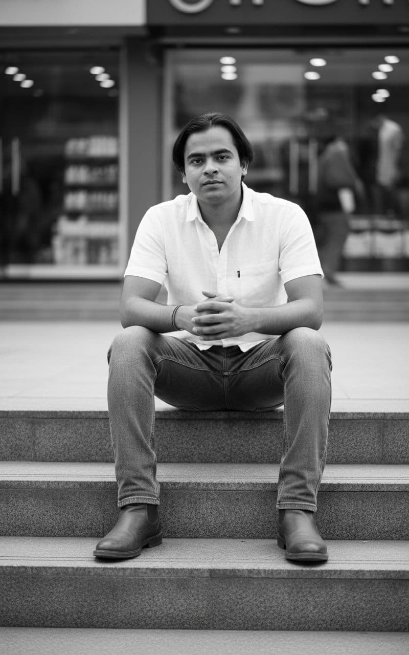 AI generated: Outdoor street-portrait in New Friends Colony CC Market, New Delhi.

A stylish young man (use the ...