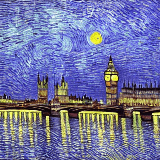 AI generated: futuristic cityscape, mega city, London, Thames River, Big Ben, painting by vincent van gogh