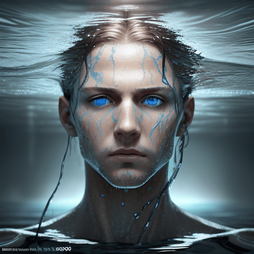 AI generated: the face of man with beautiful blue eyes, in water, in the style of dystopian realism, realistic per...