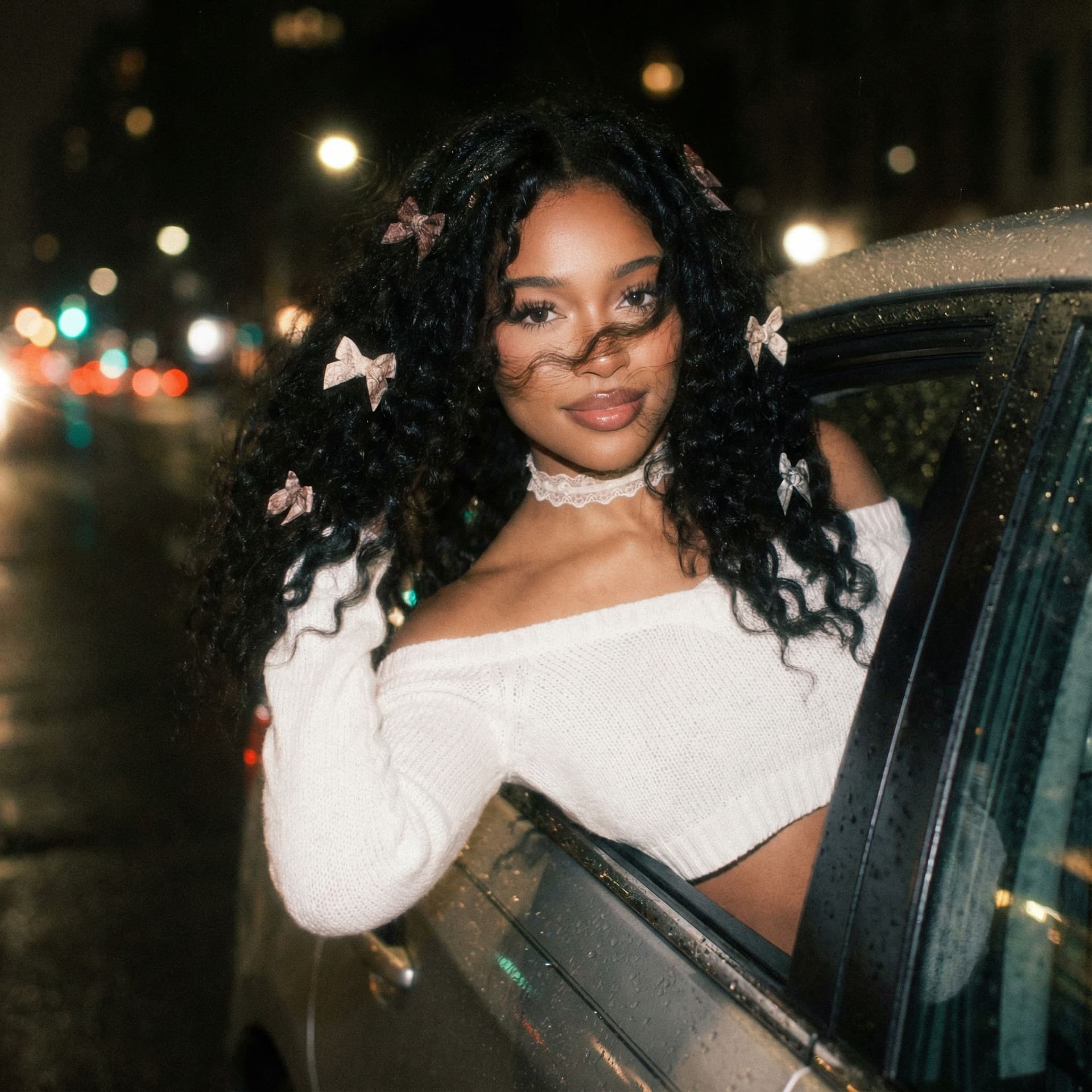AI generated: Create a ccolor photo of me leaning my back out the window car like a dark dreamy blurry vintage win...