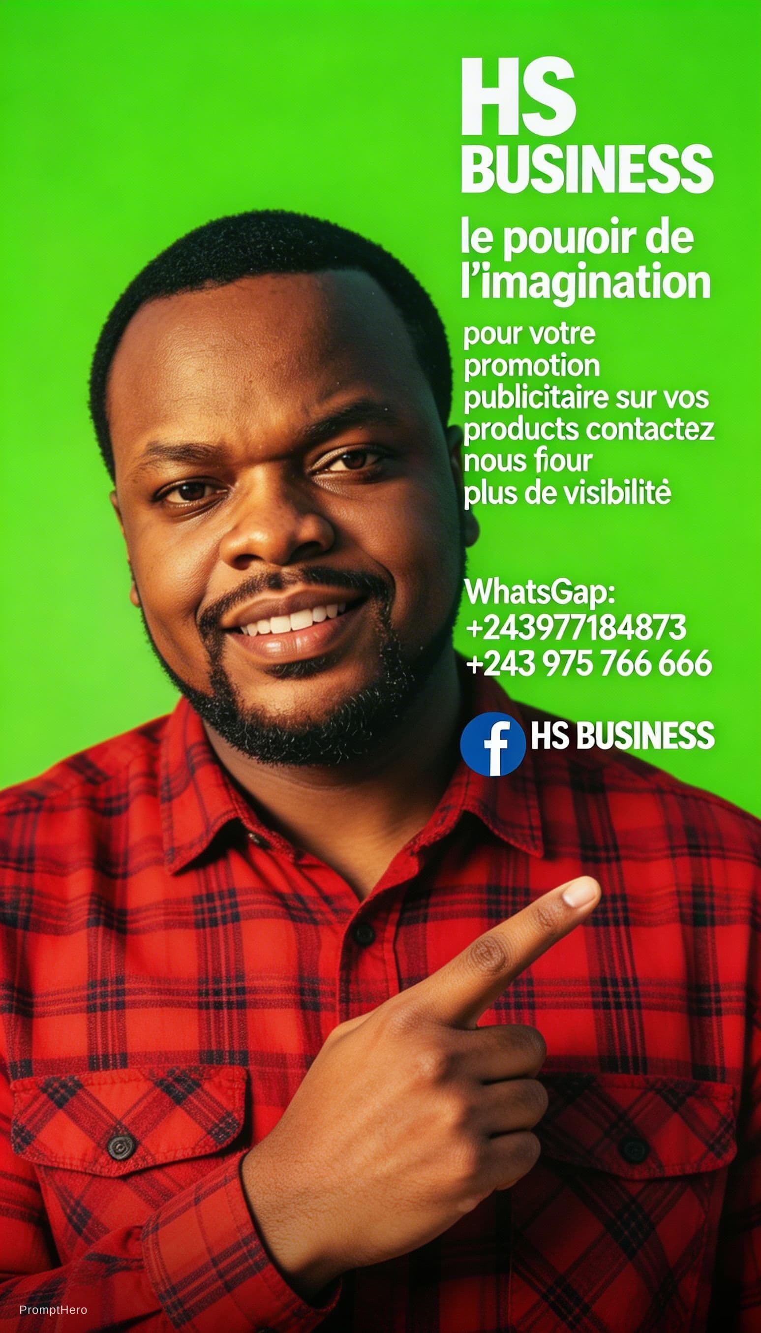 AI generated: Visuel professionnel lumineux : un homme souriant en chemise rouge à carreaux, sur fond vert vif, po...