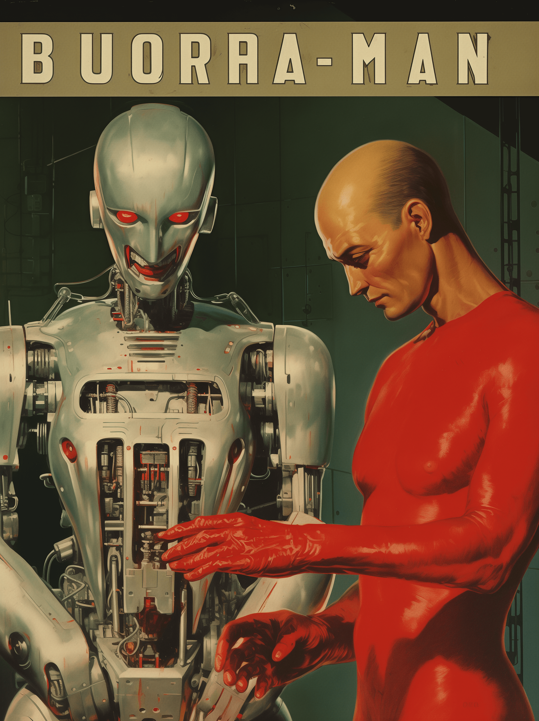AI generated: A vintage pulp cover showing two men fixing a robot, with one man wearing a red and grey uniform and...