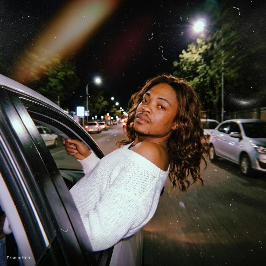 AI generated: Create a photo of me leaning my back out the window car like a dark dreamy blurry vintage windy

n...