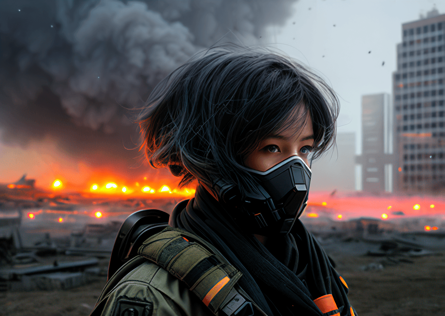 AI generated: female soldier, dark blue hair, blue eyes, in combat, destroyed buildings, dark sky, active fires in...