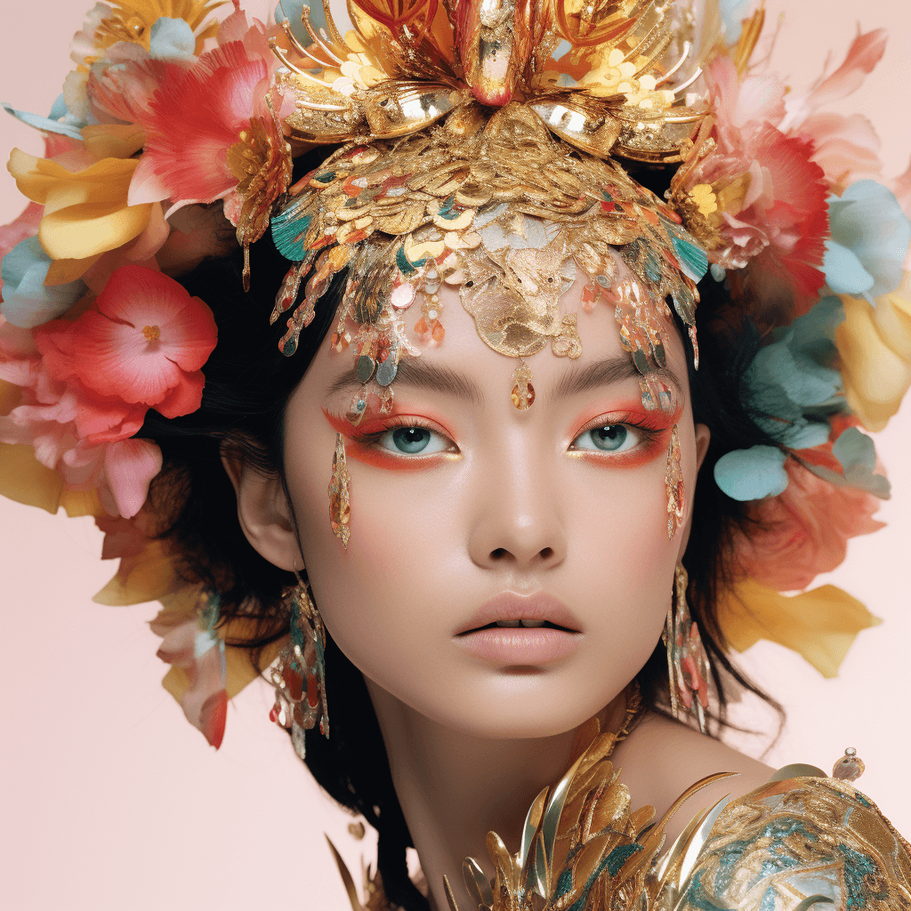 AI generated: beautiful Chinese model, exaggerated colorful makeup, a metallic sheen on the face, tears, tradition...