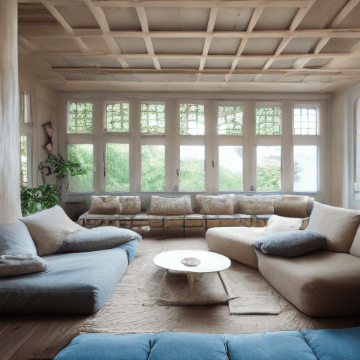 AI generated: High resolution photography interior design, dreamy sunken living room conversation pit, wooden floo...
