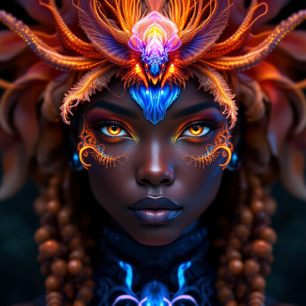 AI generated: African Goddess close-up portrait ribcagel. jellyfish phoenix head, nautilus, orchid, skull, betta f...