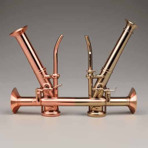 AI generated: Two rifles that cross in the middle that have a copper trumpet mouthpiece