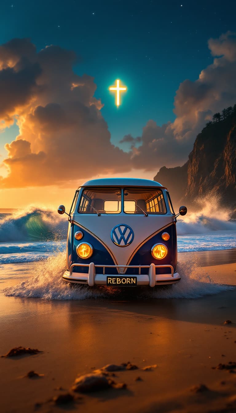 AI generated: An ultra realistic  ethereal gothic styled portrait view of a vw classic blue and white kombi bus on...