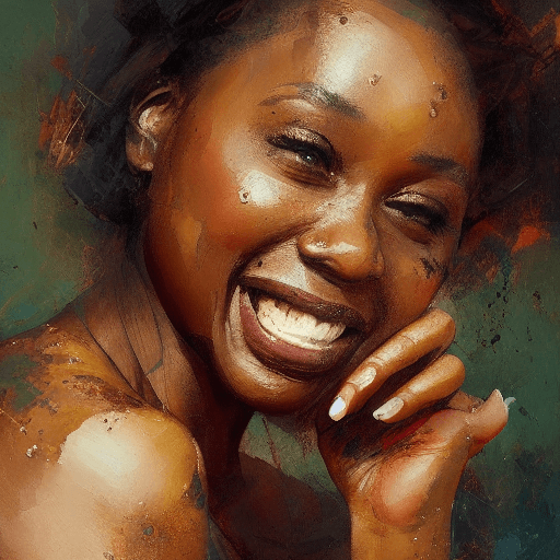 AI generated: masterpiece painting of fair brown skin  32 year woman, thick face, happy, (in style of jeremy mann:...