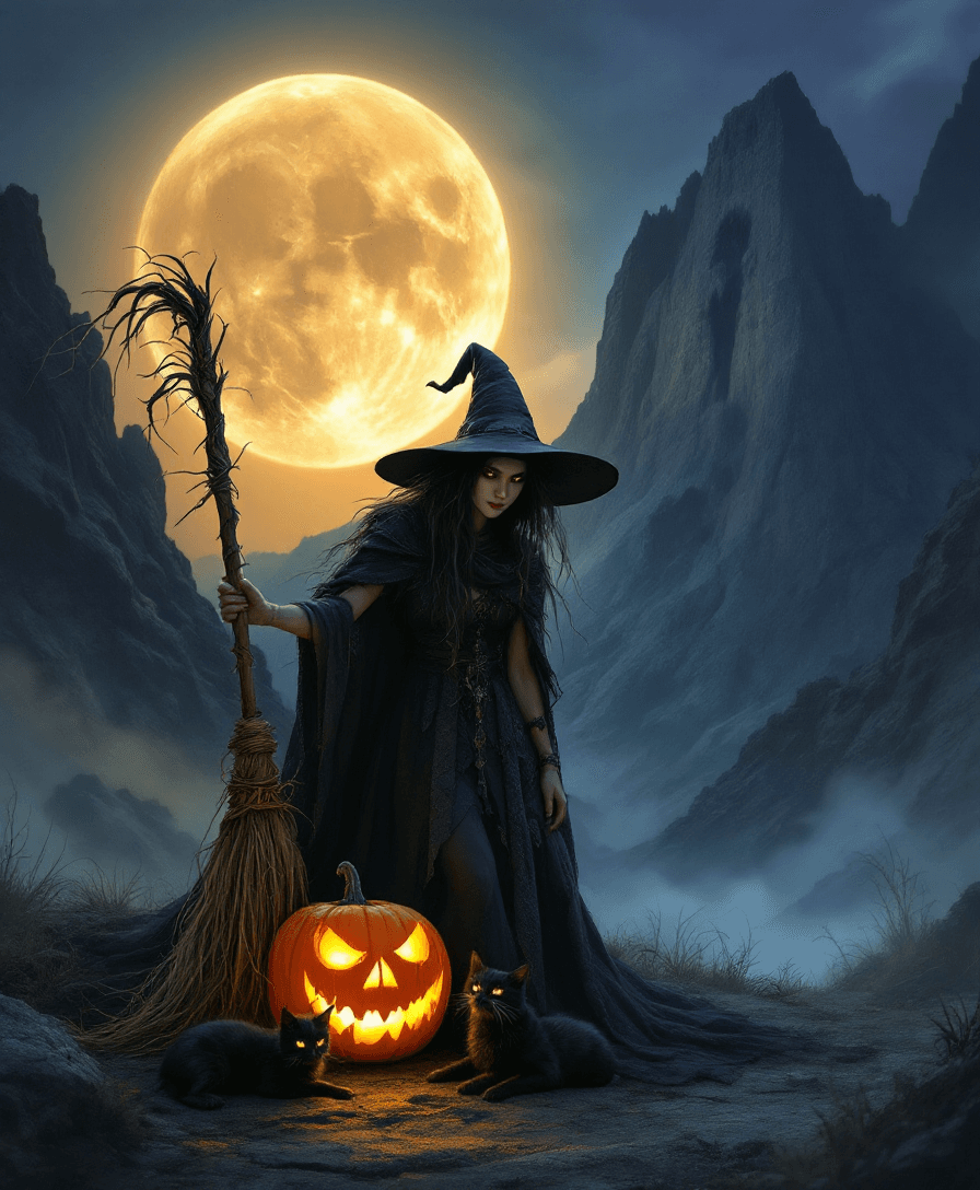 AI generated: an ultra high definition studio quality portrait of a witch holding a broomstick with her left hand....