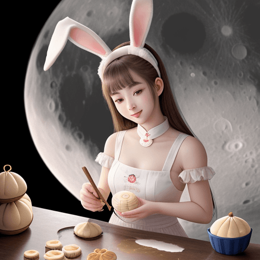 AI generated: Pretty 20 year old girl with bunny ears on her head making mooncakes on the moon