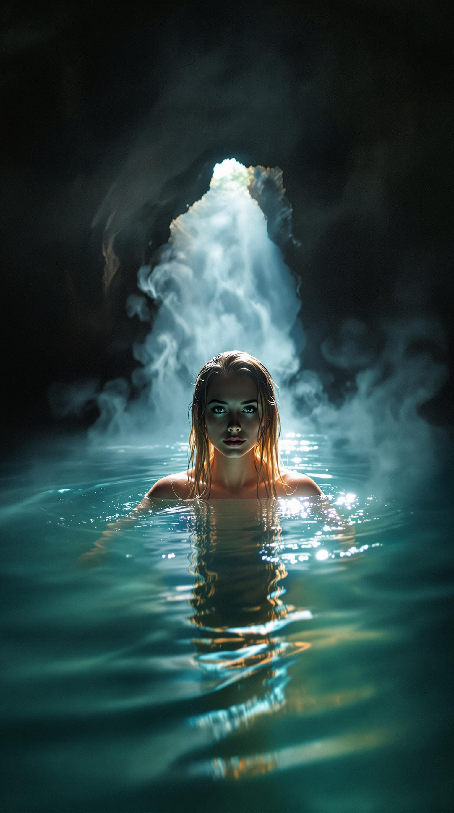 AI generated: hot spring inside a dimly lit cave, steam rises from the water, a woman with long wet blonde hair sw...