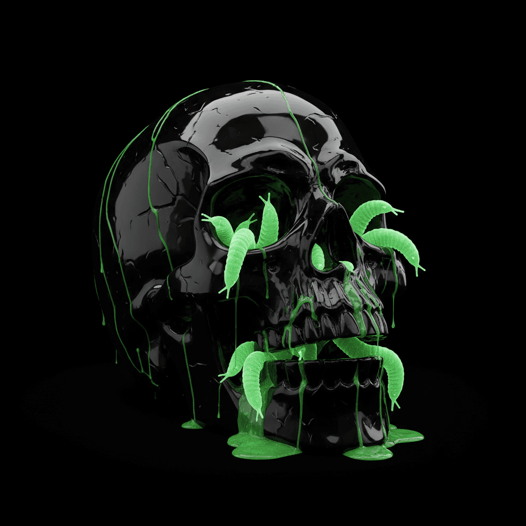 AI generated: A terrifying skull made of black obsidian. Glowing green slugs are crawling out of its eyes and mout...