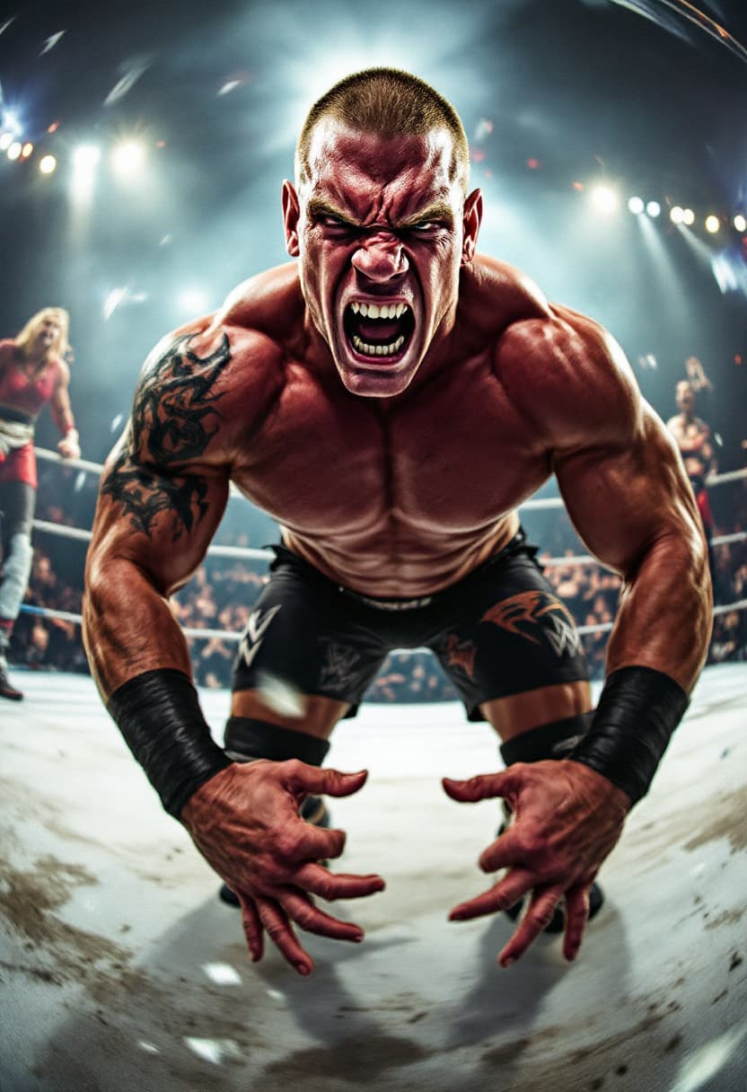 AI generated: WWE wrestler JOHN CENA in the ring looking angry, full body shot, fish eye effect 