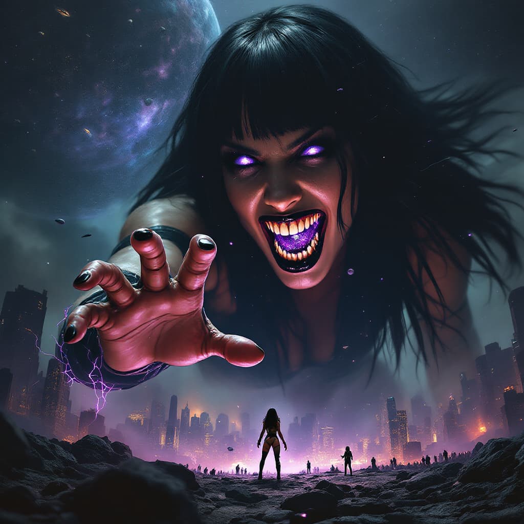 AI generated: enormous giantess female who looks exactly like WWE superstar 
 Rhea Ripley with black medium length...