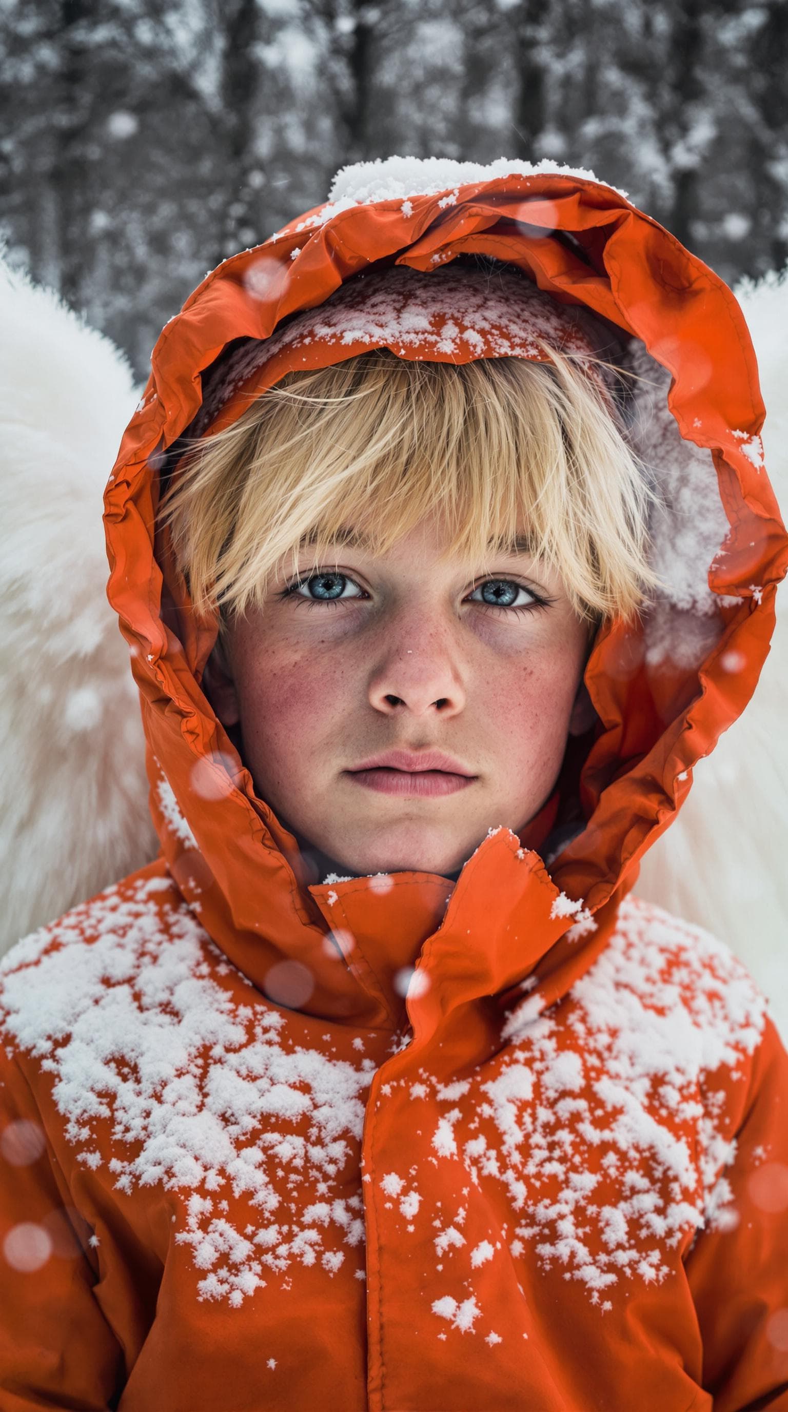 AI generated: A hyper-realistic portrait of a young boy; bright orange hooded parka with snow dusted on shoulders;...