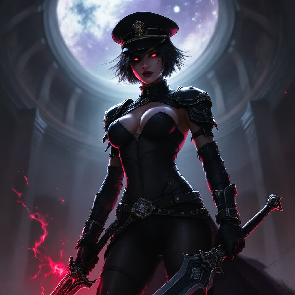 AI generated: artwork in the grimdark style of warhammer 40k of a sexy female comissar, standing infront a gothic ...