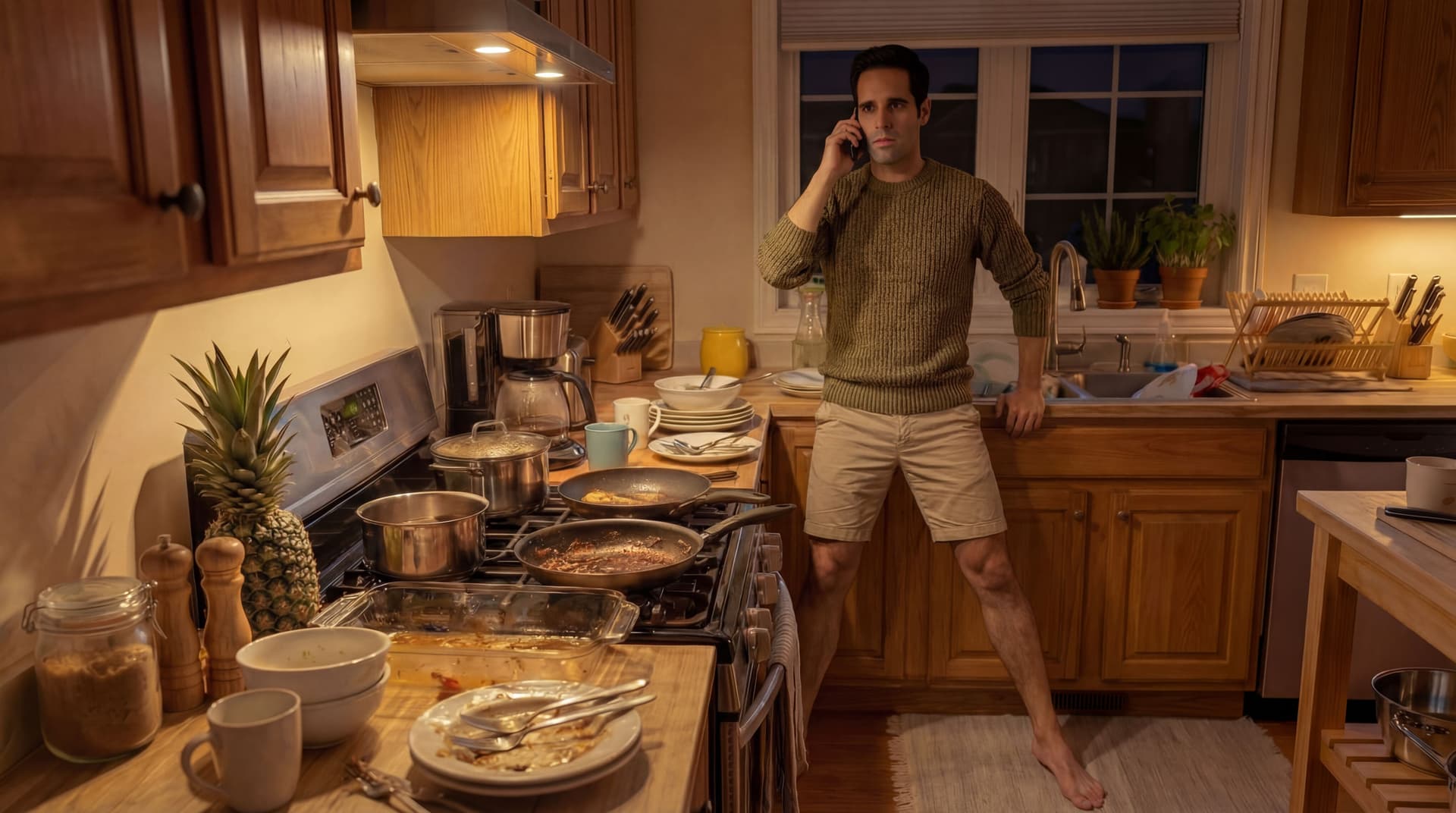 AI generated: He is standing with his legs spread out while leaned on his butt on the sink counter. He is still ho...