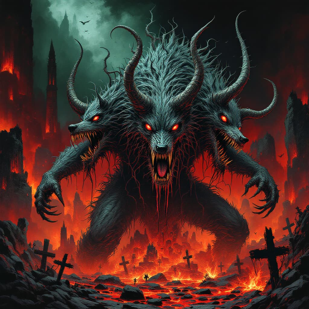 AI generated: A dark fantasy album cover illustration in the style of Dan Seagrave, depicting a monstrous Cerberus...