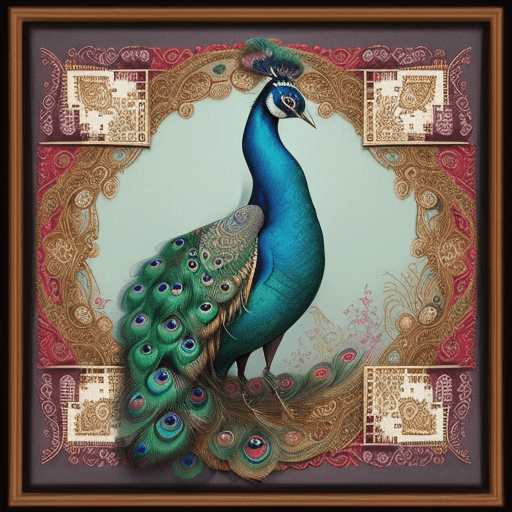 AI generated: Design a peacock with ancient border on cloth with embroidery art. Everything on the cloths frame sh...
