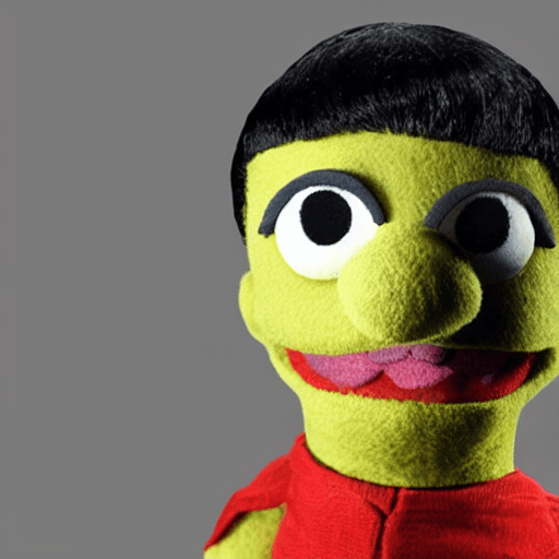 AI generated: muppet that looks like spock from star trek, felt fabric skin, shiny black hair, mr. spock muppet, p...