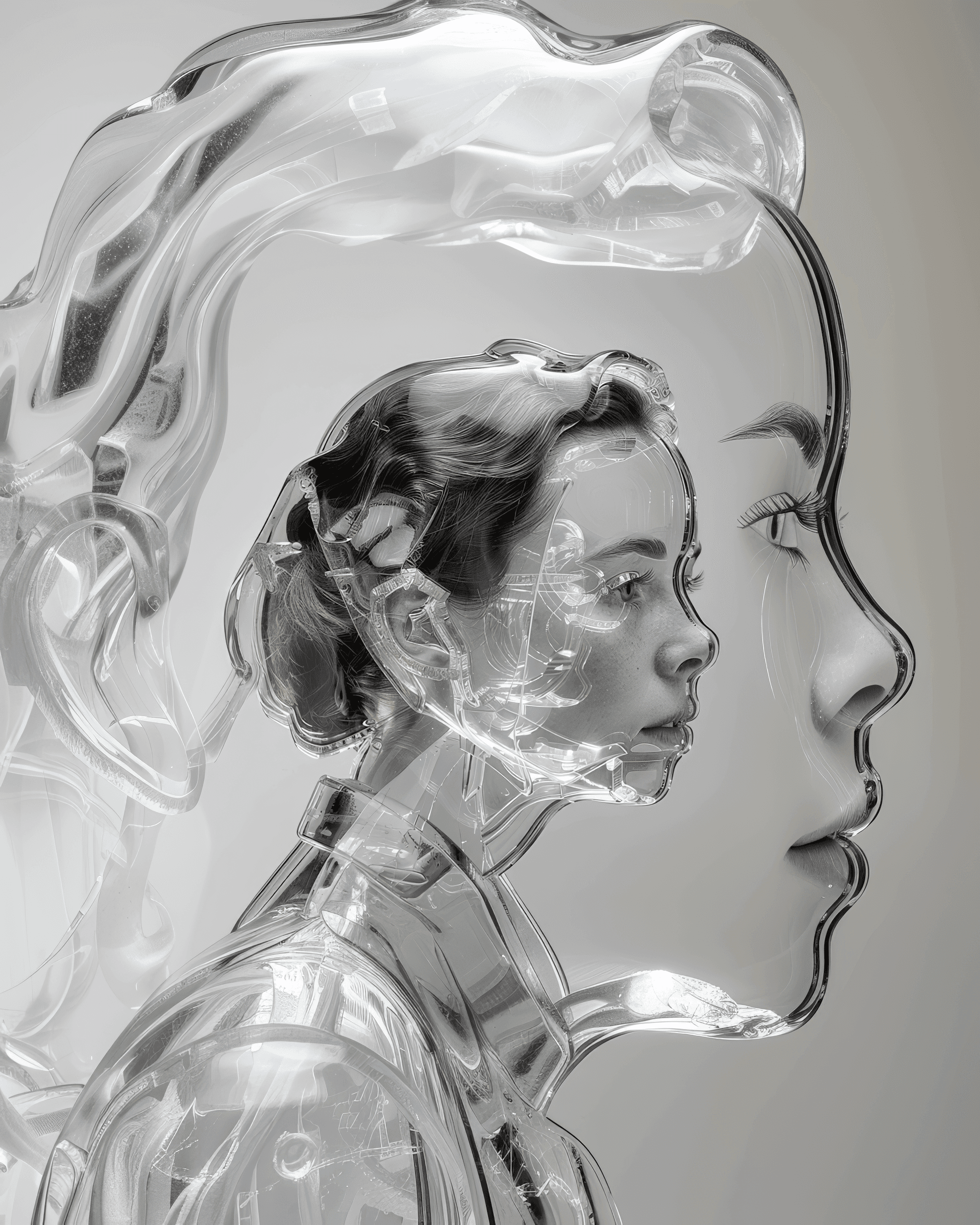 AI generated: transparent woman made of glass made by banksy --ar 4:5 --s 550